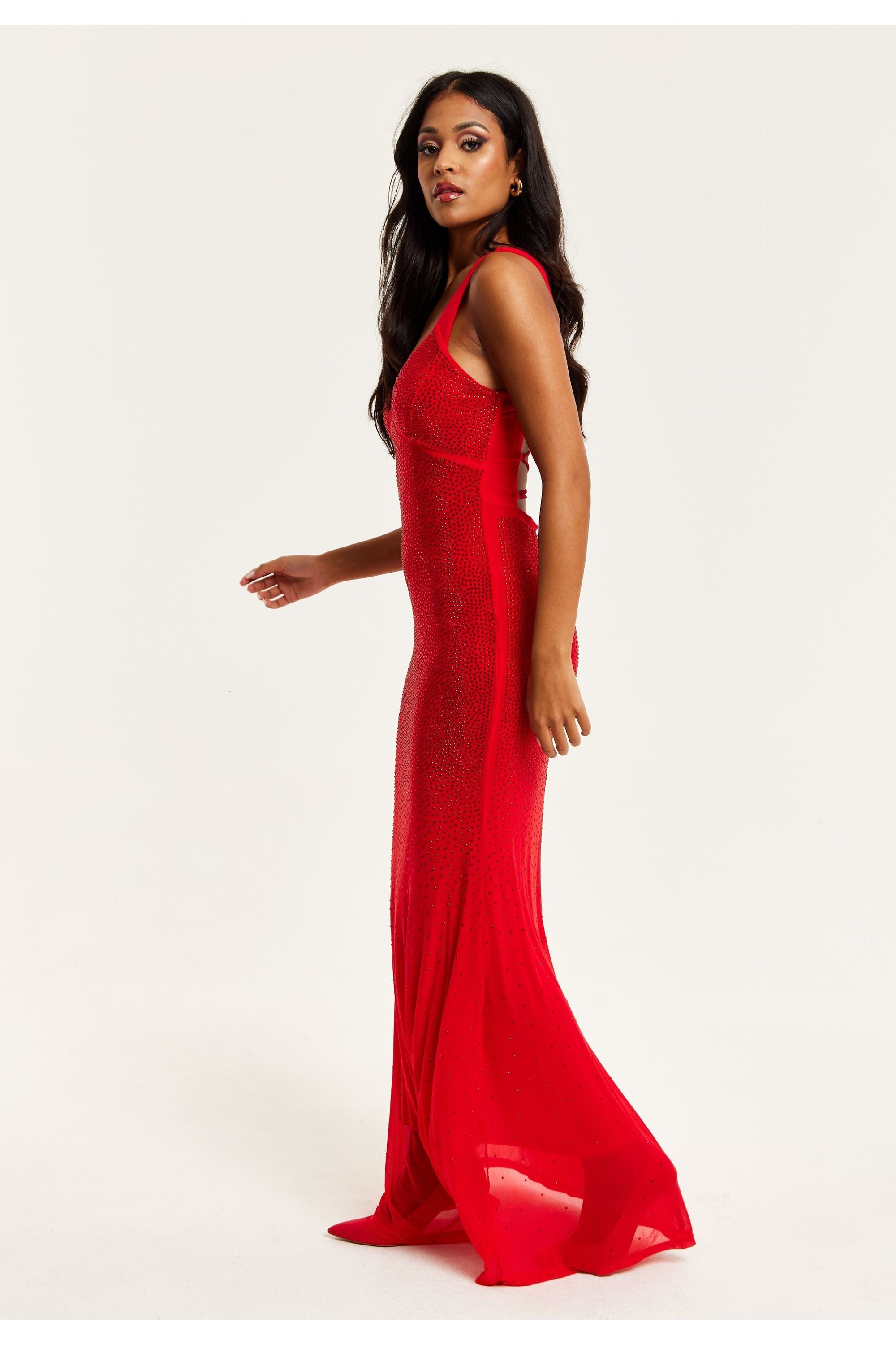 Red Sequin Maxi Dress With Open Back Detail D9-LIQ23AW001