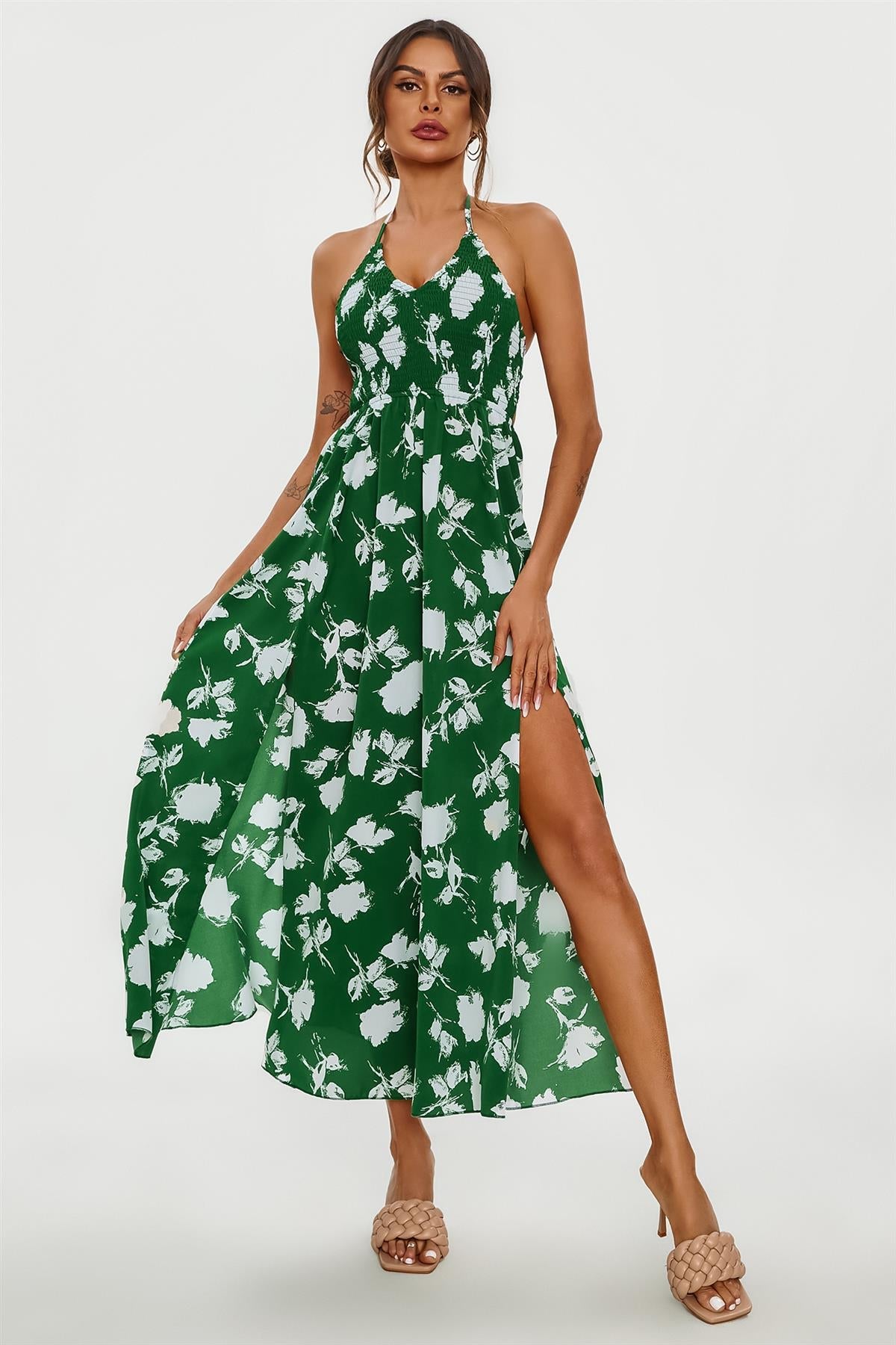 Floral Print Tie Halterneck Back Detail Maxi Dress In Green FS642-GreenF