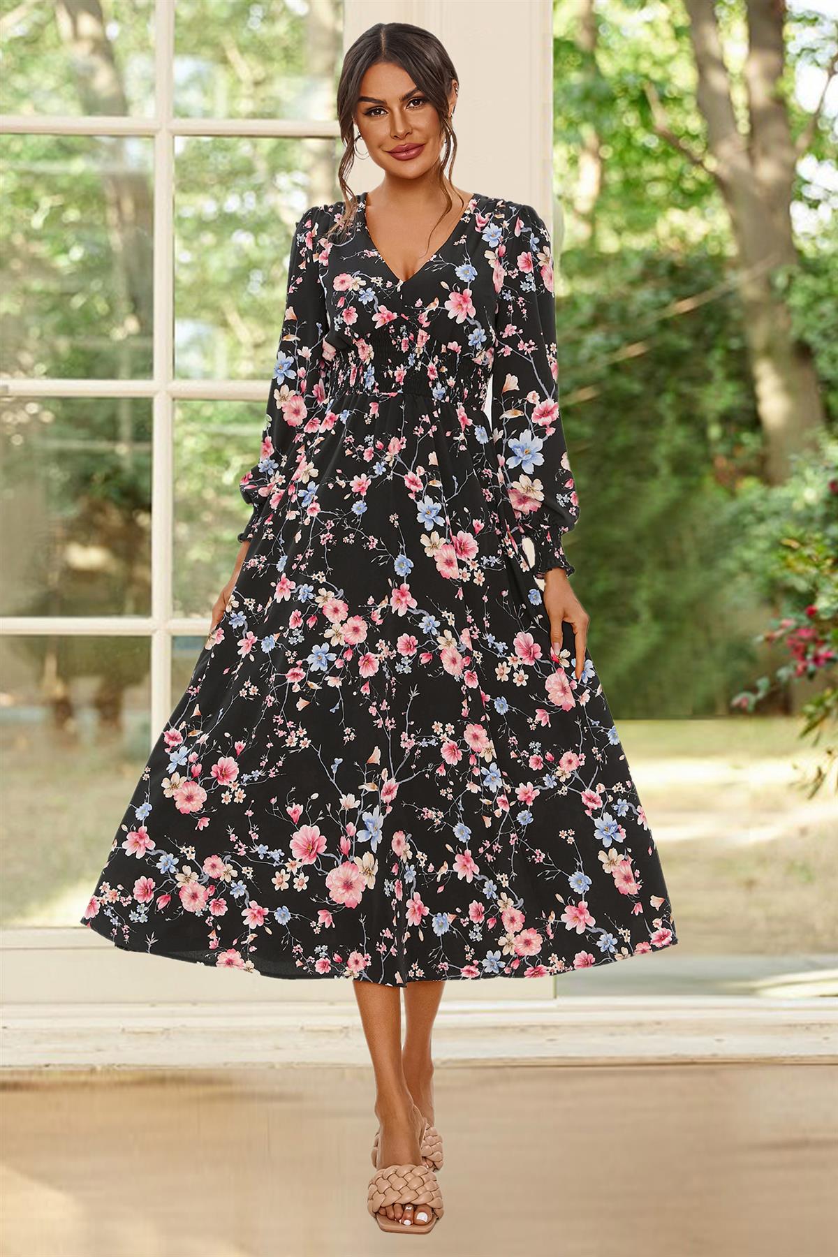 Floral Print Long Sleeve Midi Dress In Black FS629-BlackF