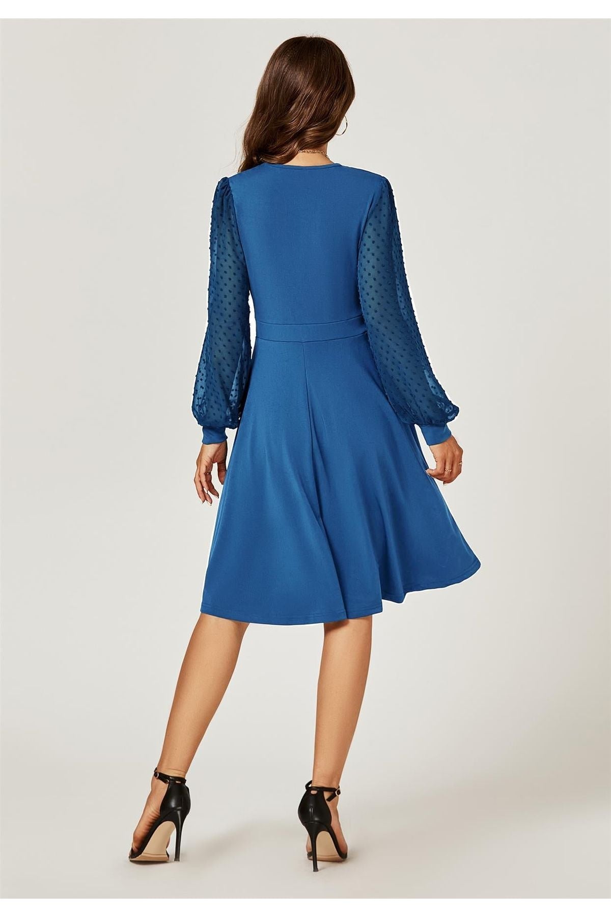 Long Chiffon Sleeve Pleated Midi Dress In Blue FS488