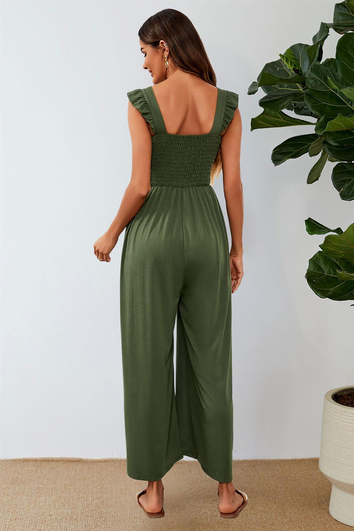 Frill Detail Strappy Jumpsuit In Olive FS579-Olive