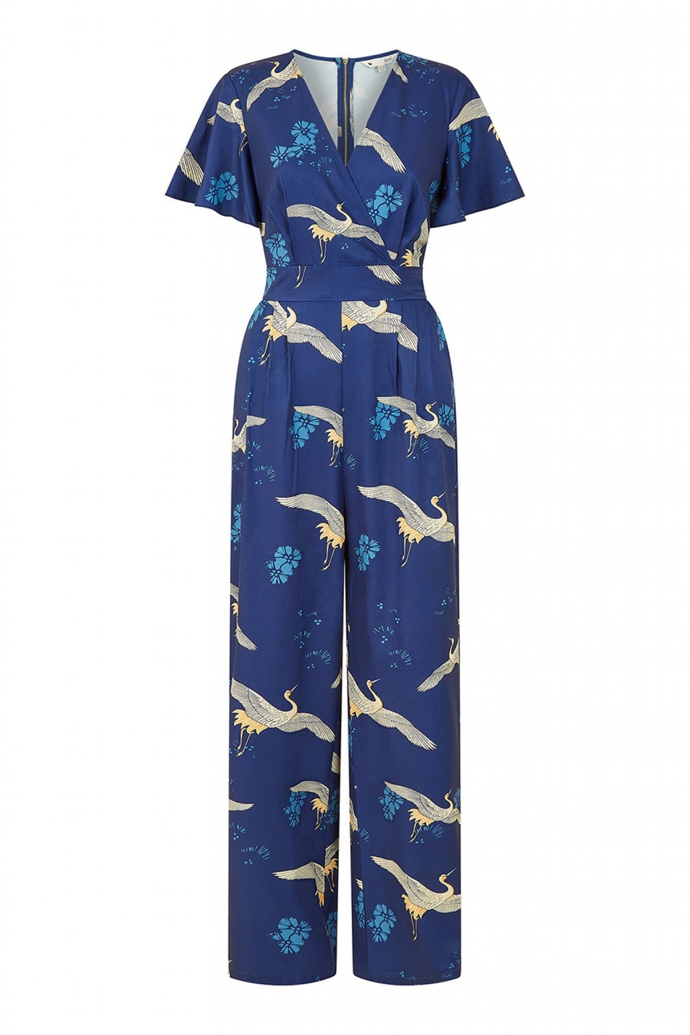 Yumi Navy Crane Print Angel Sleeve Jumpsuit – Goddiva