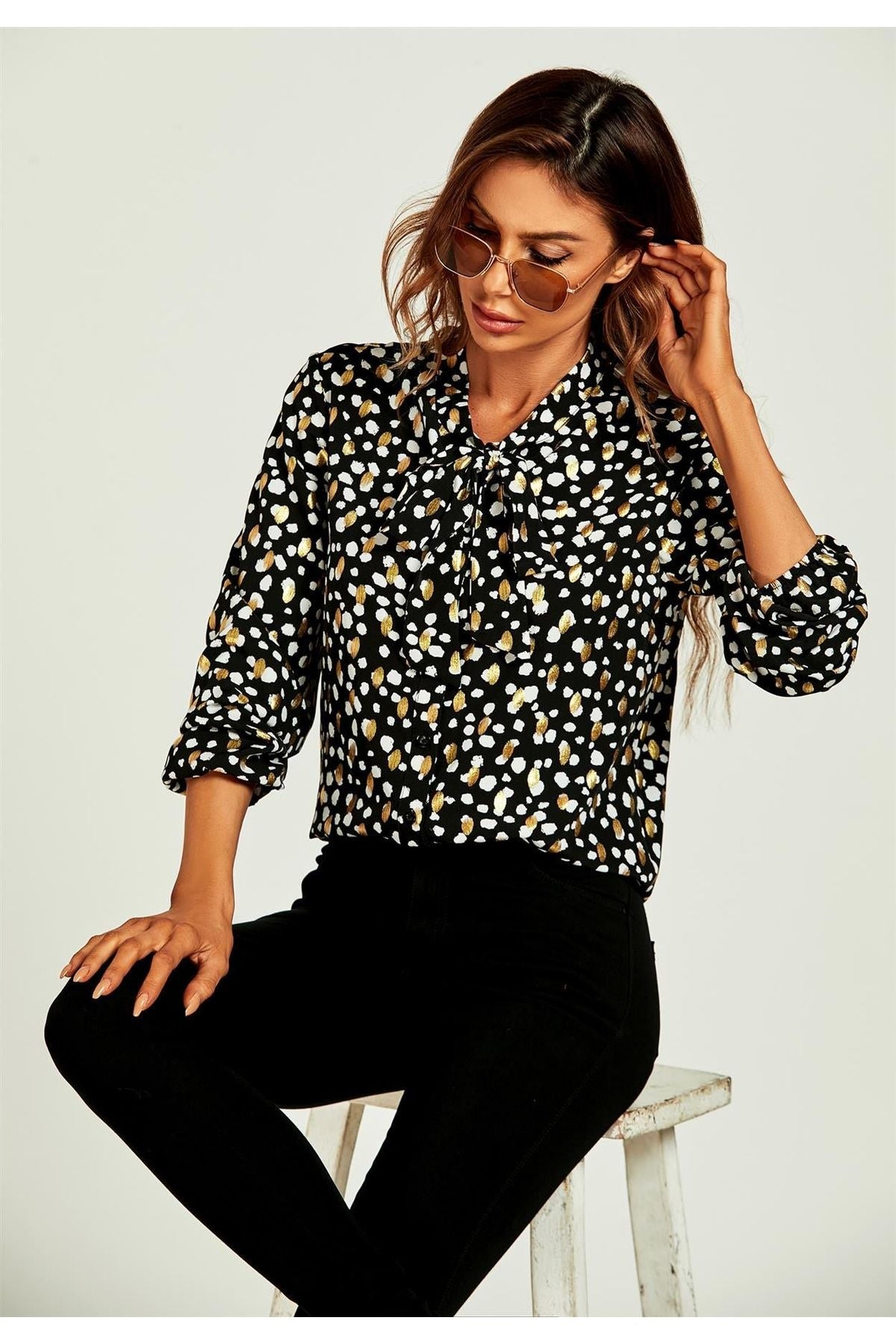 Gold Foil Leopard Print Pussybow Blouse/Top In Black FS494