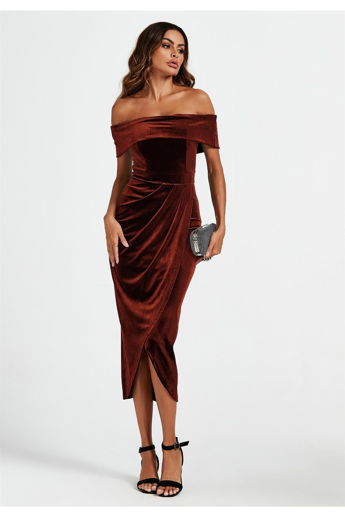 Off Shoulder Velvet Midi Dress In Brown FS593