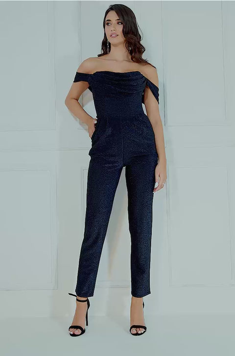 Goddiva Lurex Cowl Neck Jumpsuit - Navy