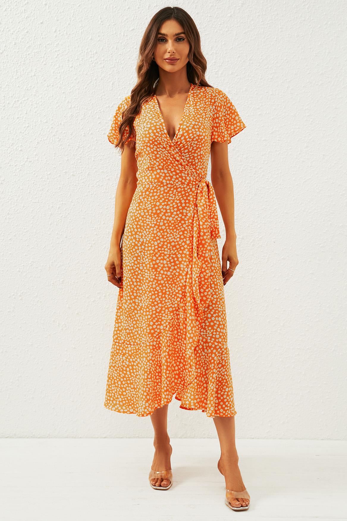 Floral Print Wrap Midi Dress In Orange Yellow FS553