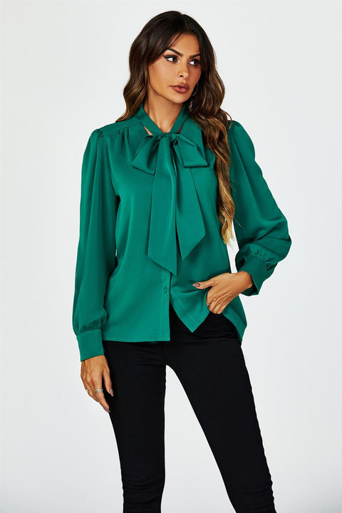 Tie Detail Long Sleeve Blouse Top In Green FS625