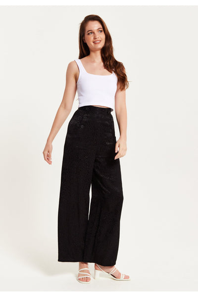 Black - Black Animal Print Wide Leg Trousers by Liquorish