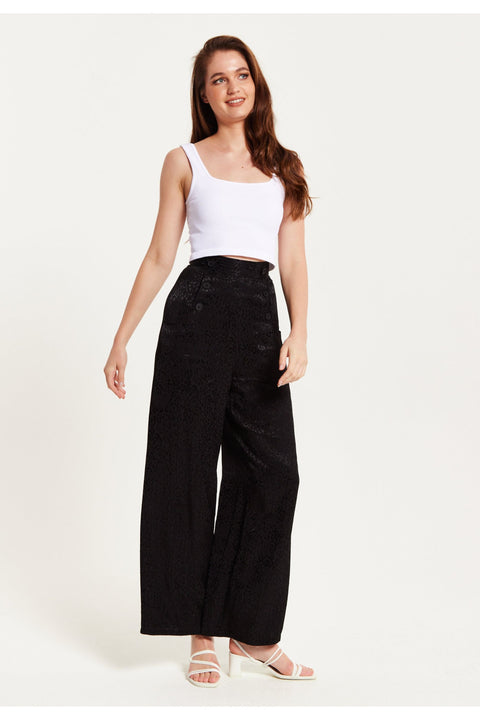 Black Animal Print Wide Leg Trousers by Liquorish