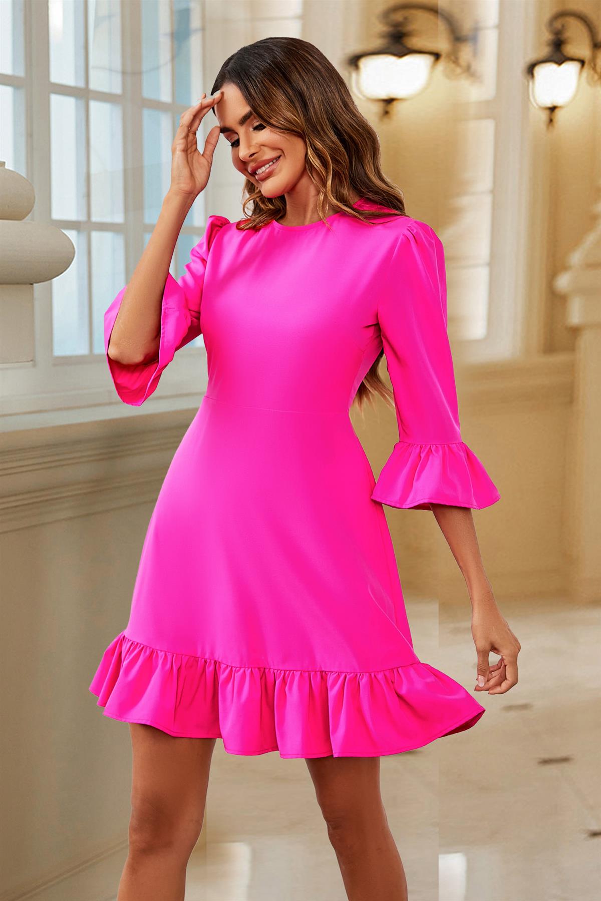 Frill Mini Dress In Fuchsia Pink FS563-Fuchsia