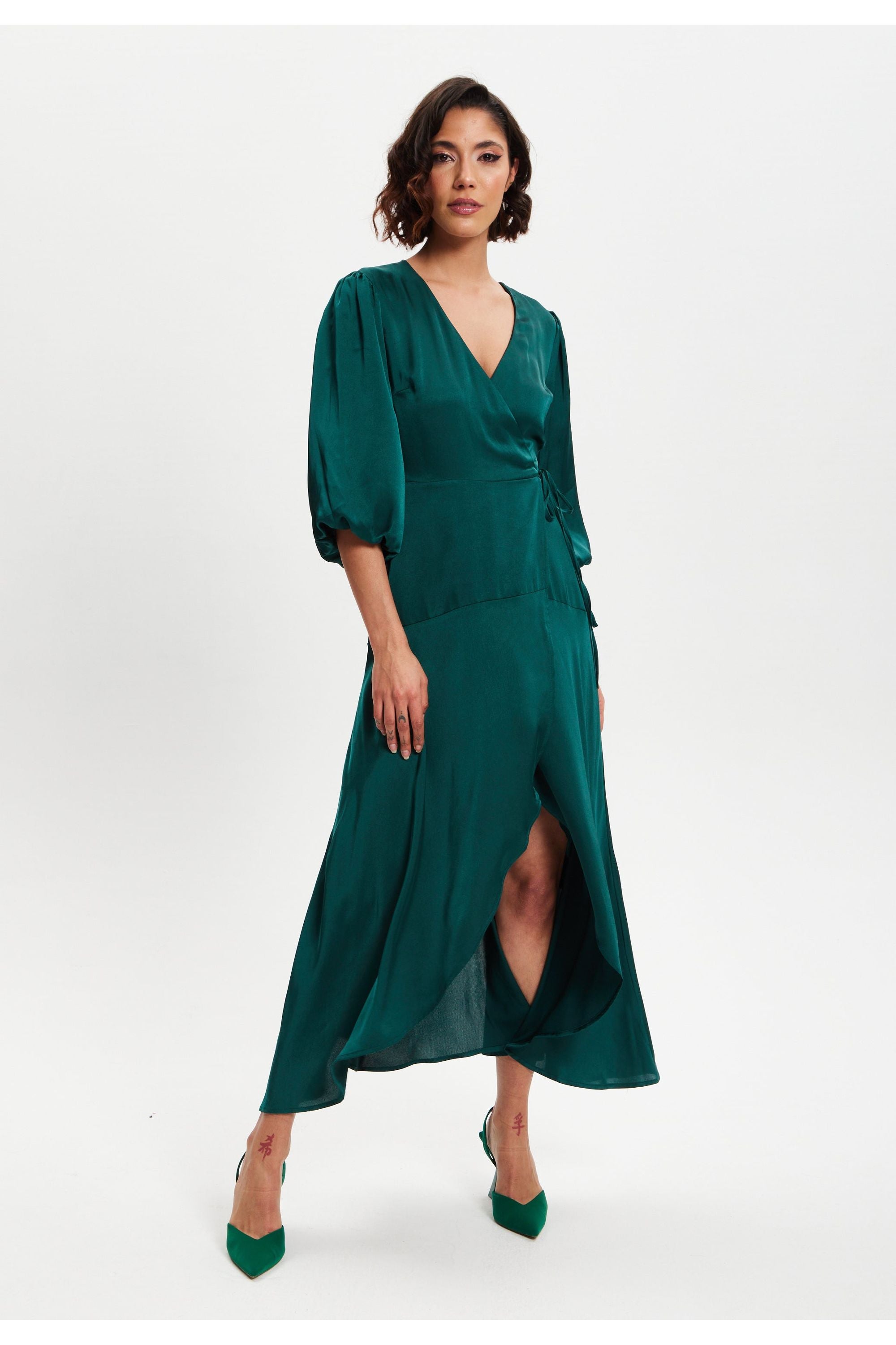 Dark Green Midi Wrap Dress With Short Puff Sleeves LIQ20-128DarkGreen