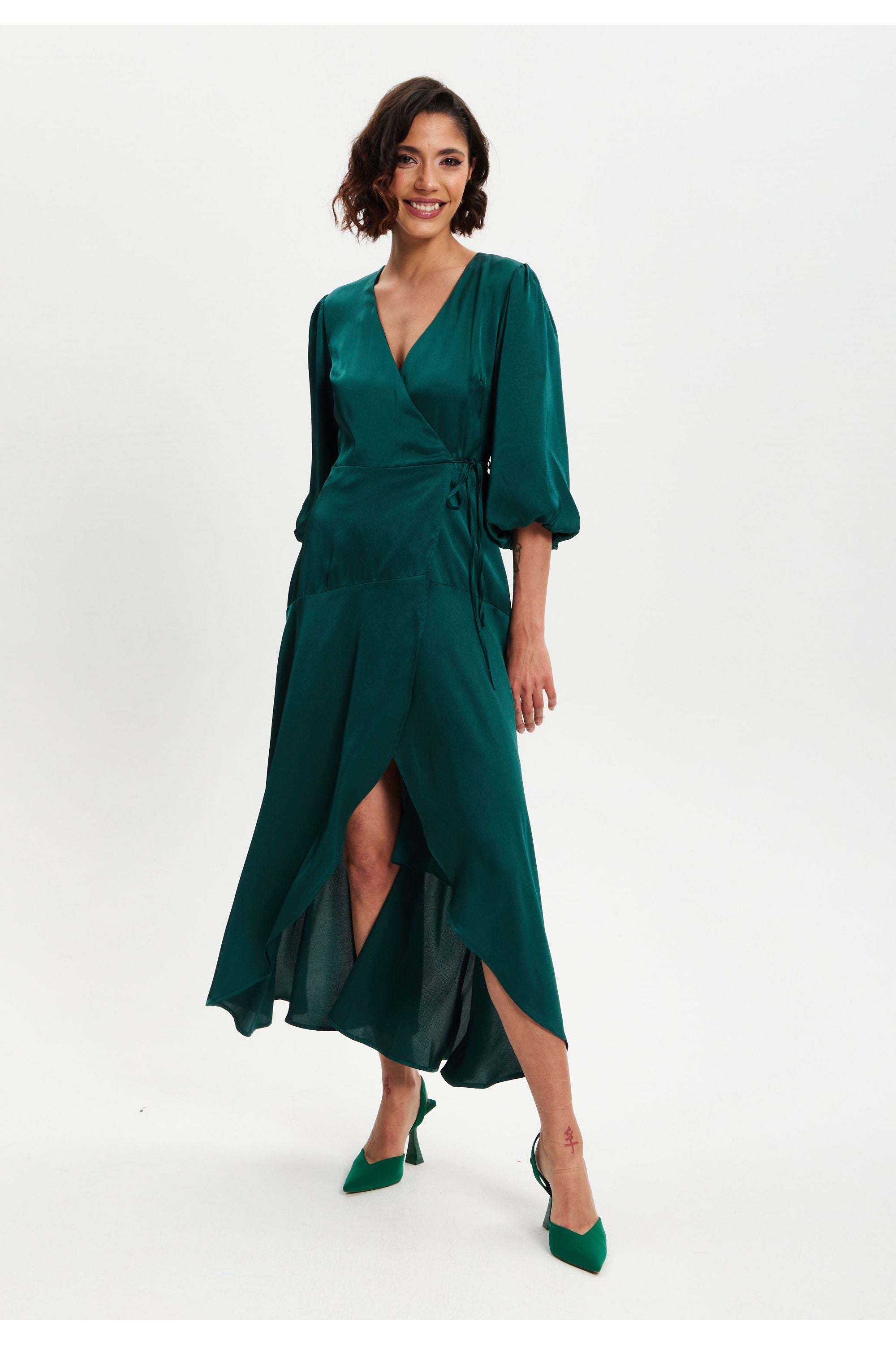 Dark Green Midi Wrap Dress With Short Puff Sleeves LIQ20-128DarkGreen