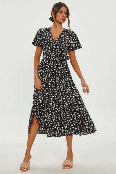 Black - White Floral Print Hem Tiered Wrap Midi Dress In Black by FS Collection