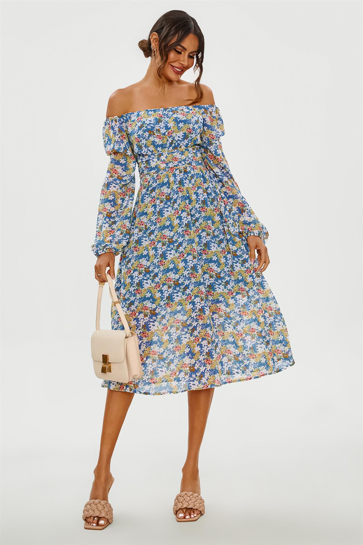 Floral Print Long Sleeve Maxi Dress In Blue FS640-BlueF