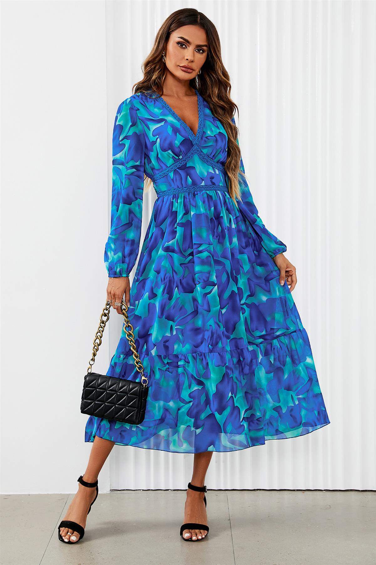 Floral Print Long Sleeve Maxi Dress In Blue FS565
