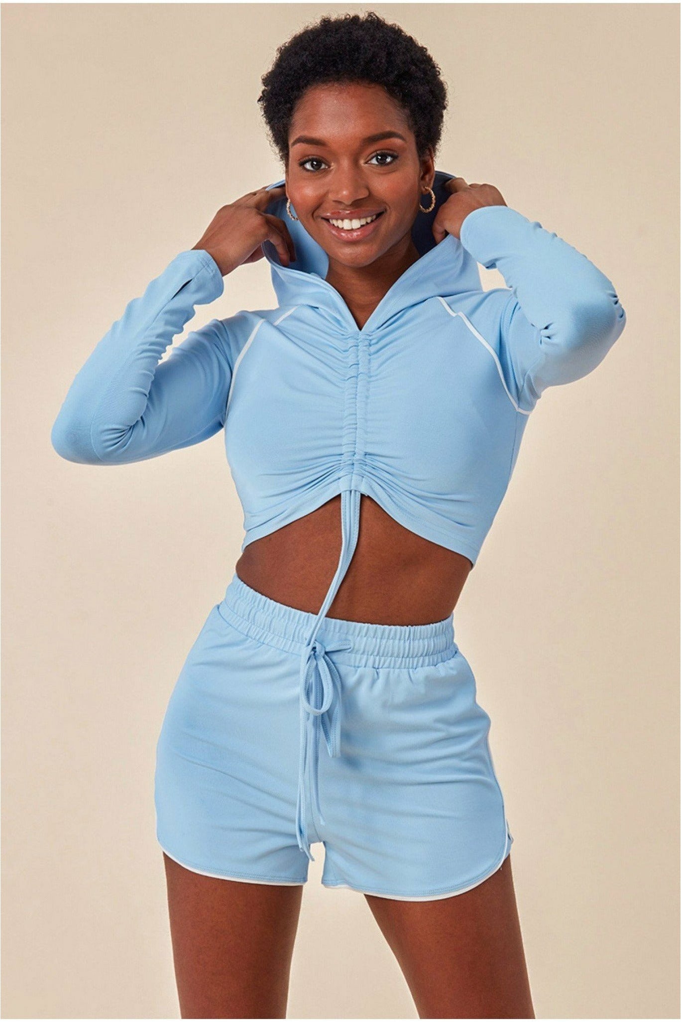 Jersey Short Set With Drawstring Top - Blue TS1