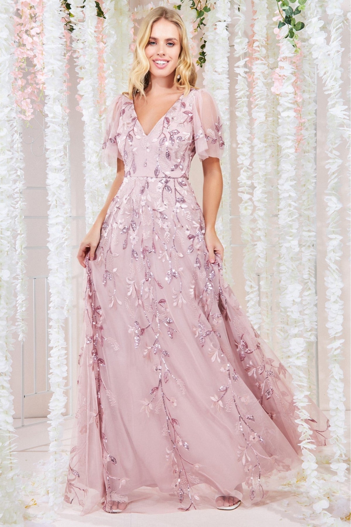 Flared Sleeve Embroidered Maxi Dress - Blush DR3279