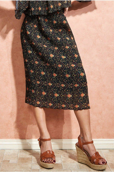 Black - Printed Shirred Midi Skirt - Black by City Goddess