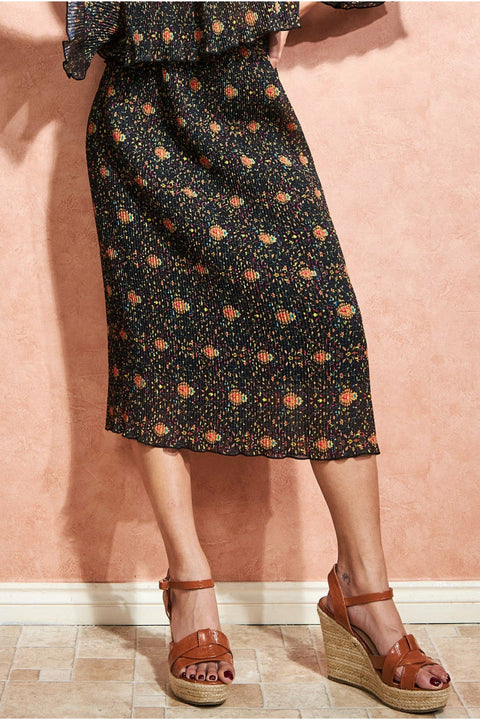 Printed Shirred Midi Skirt - Black SK15