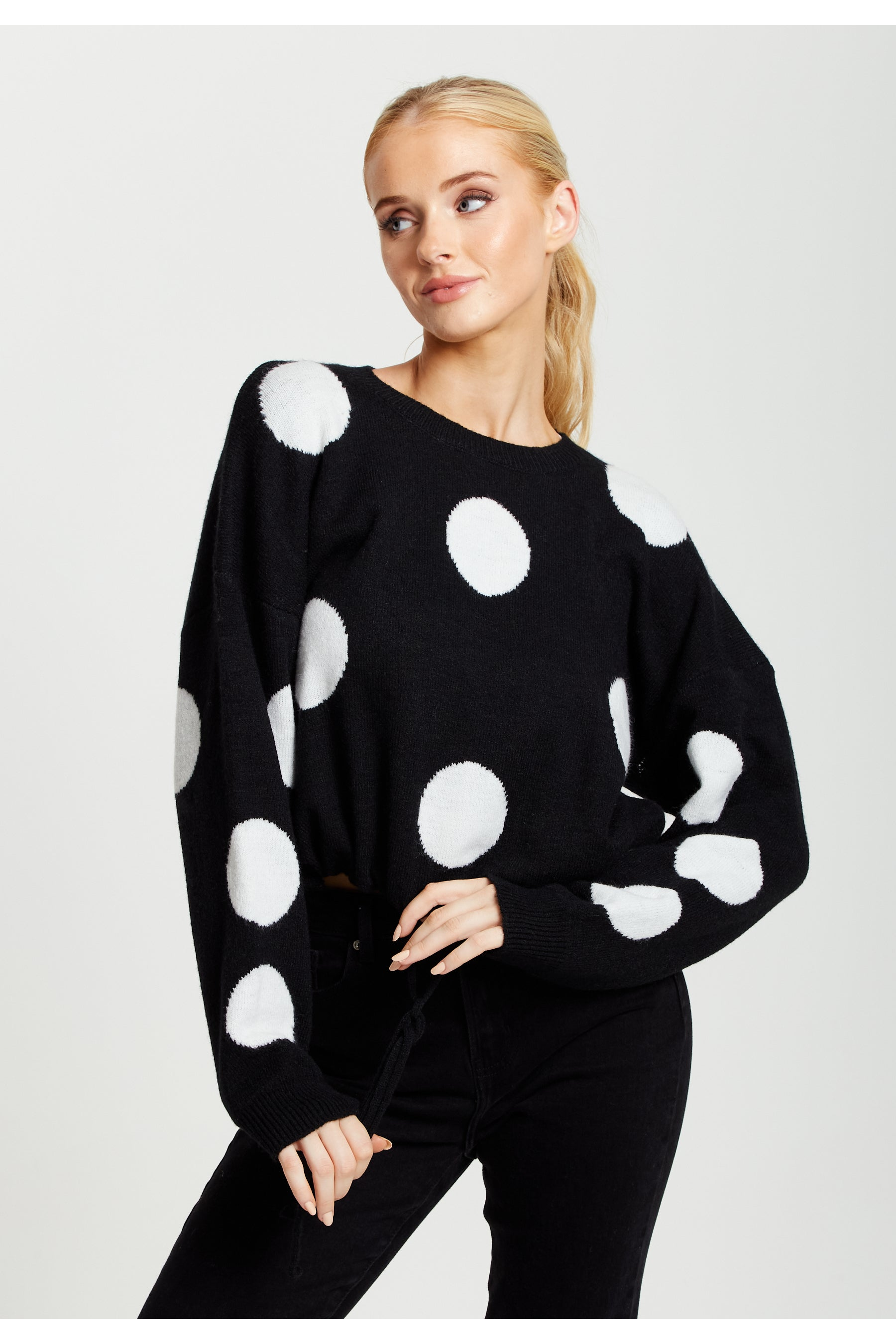 Liquorish White Polka Dot Jumper In Black | Goddiva