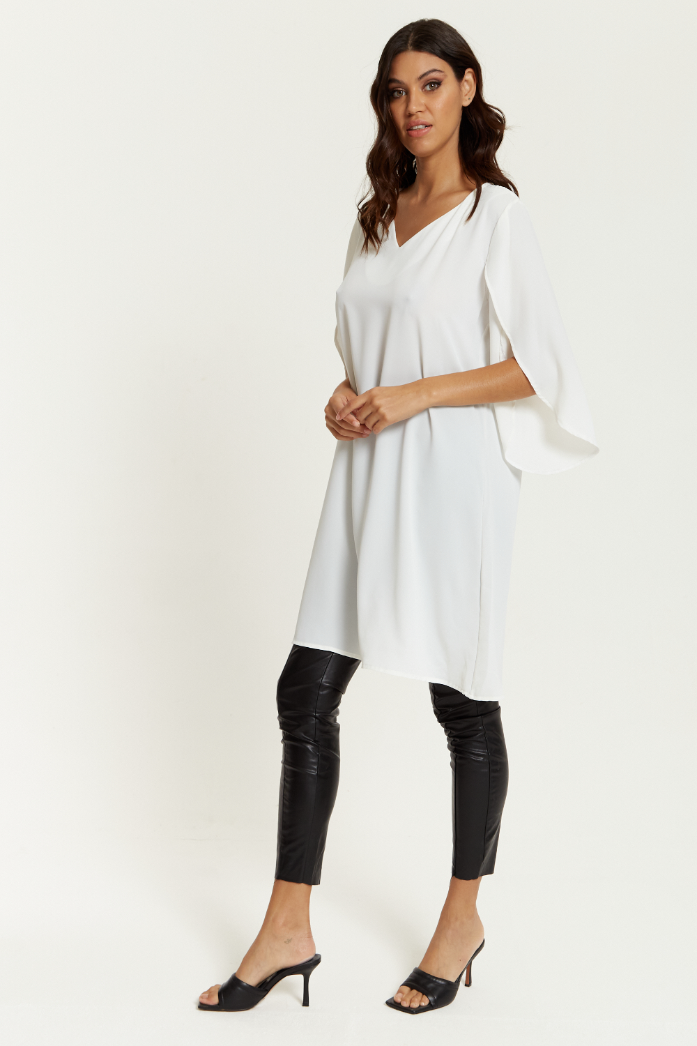 Oversized V Neck Tunic with Split Sleeves in White GLR FASHION NETWORKING