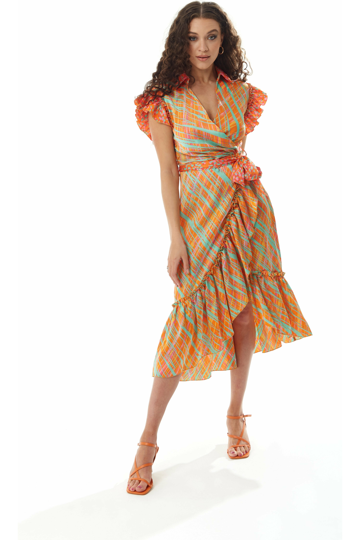 Orange Scribble Print Midi Wrap Dress With Frill D10-LIQ22SS027
