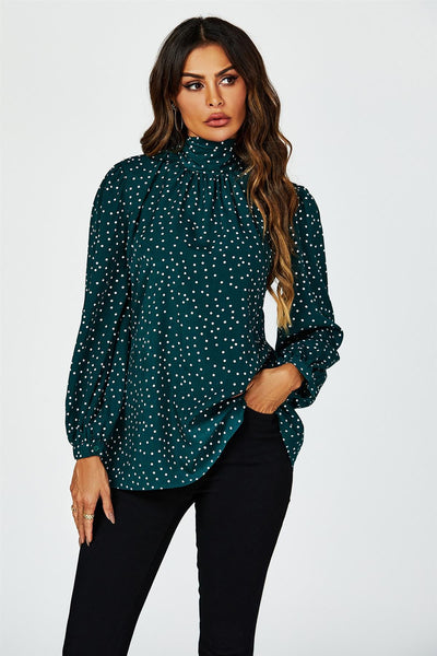 Green - Polka Dot Print Long Sleeve Back Tie Blouse Top In Green by FS Collection