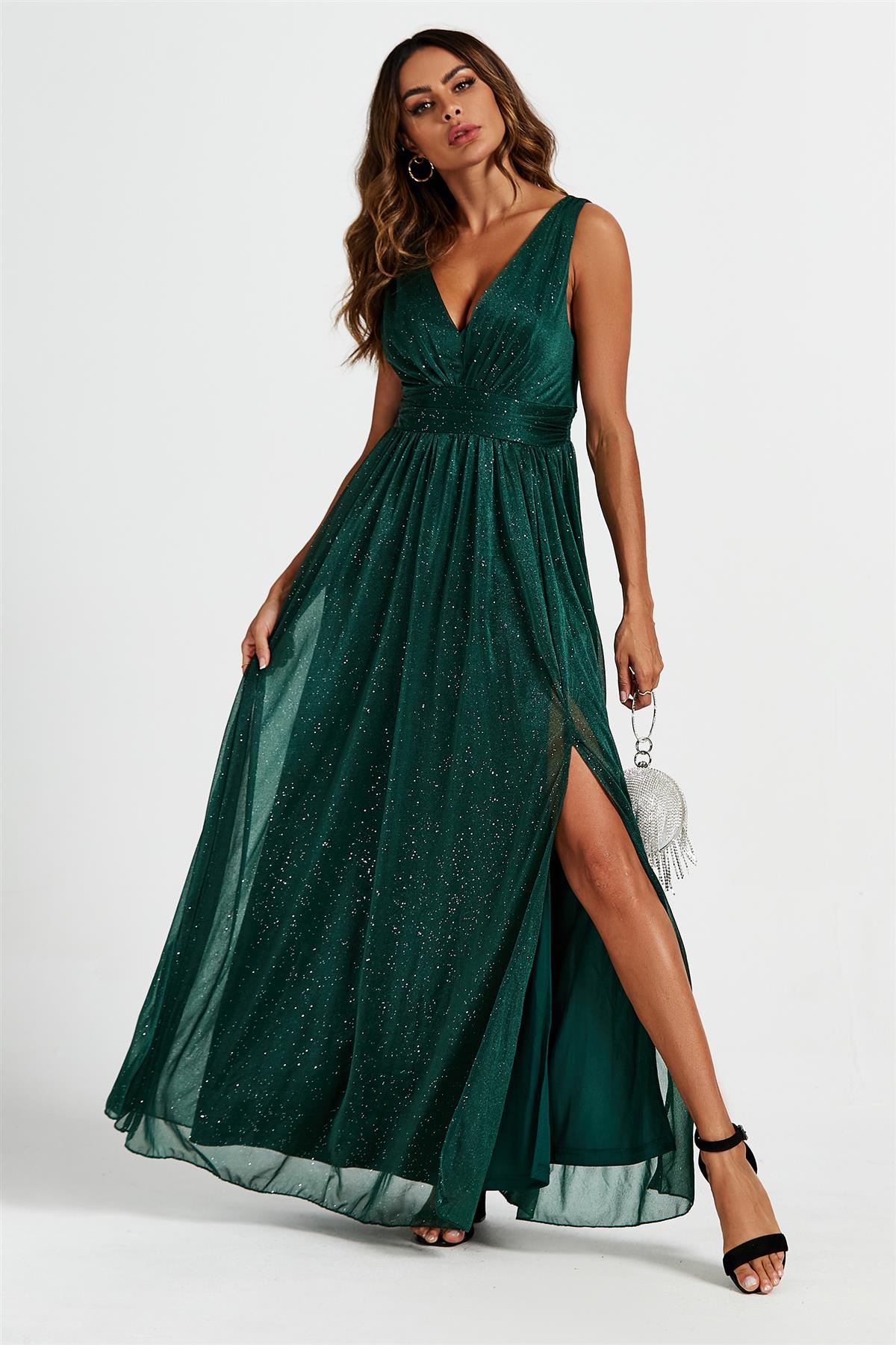 Sparkly V Neck Bridesmaid Maxi Dress In Green FS596