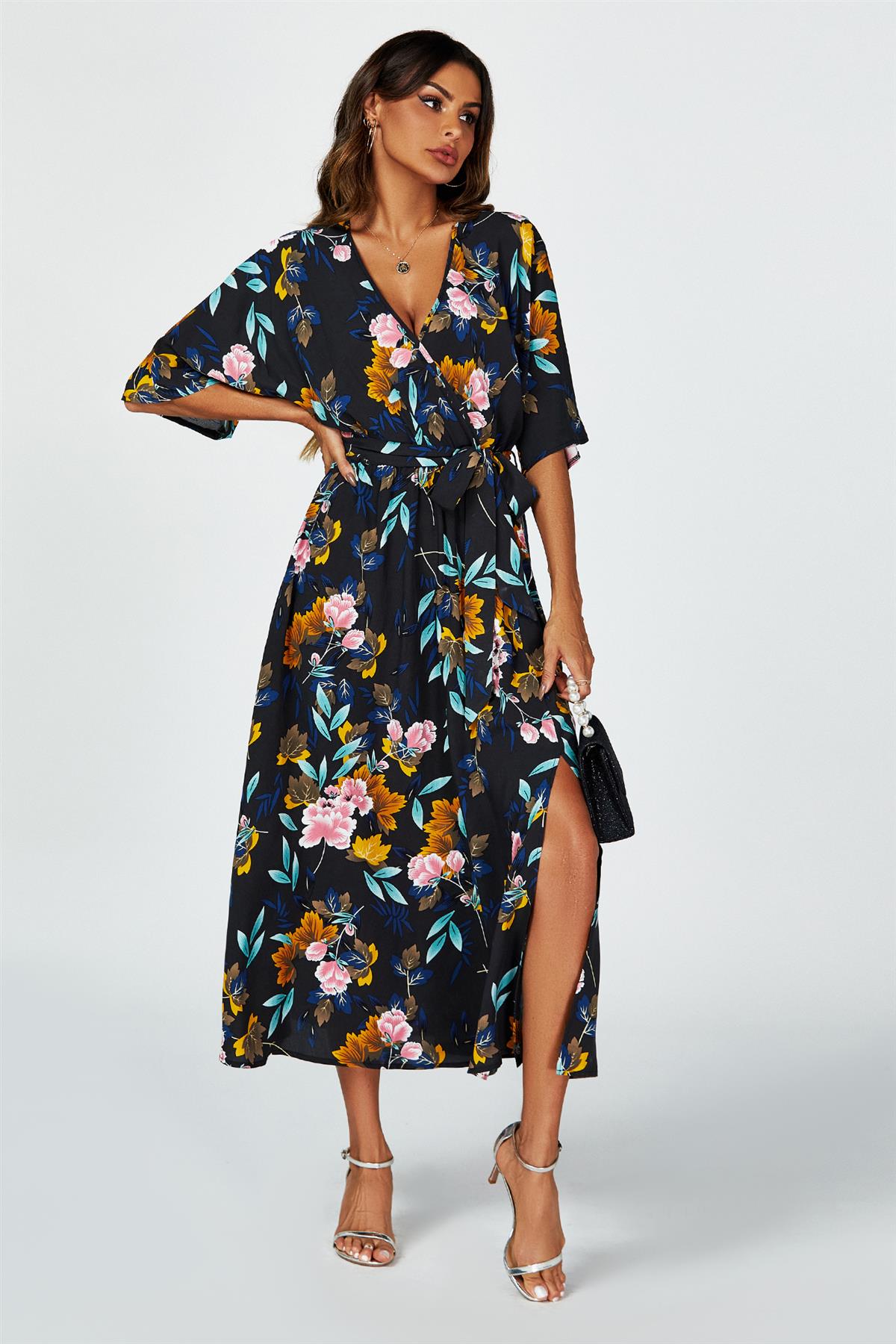 Floral Print Wrap Top Kimono Sleeve Split Maxi Dress In Black FS636