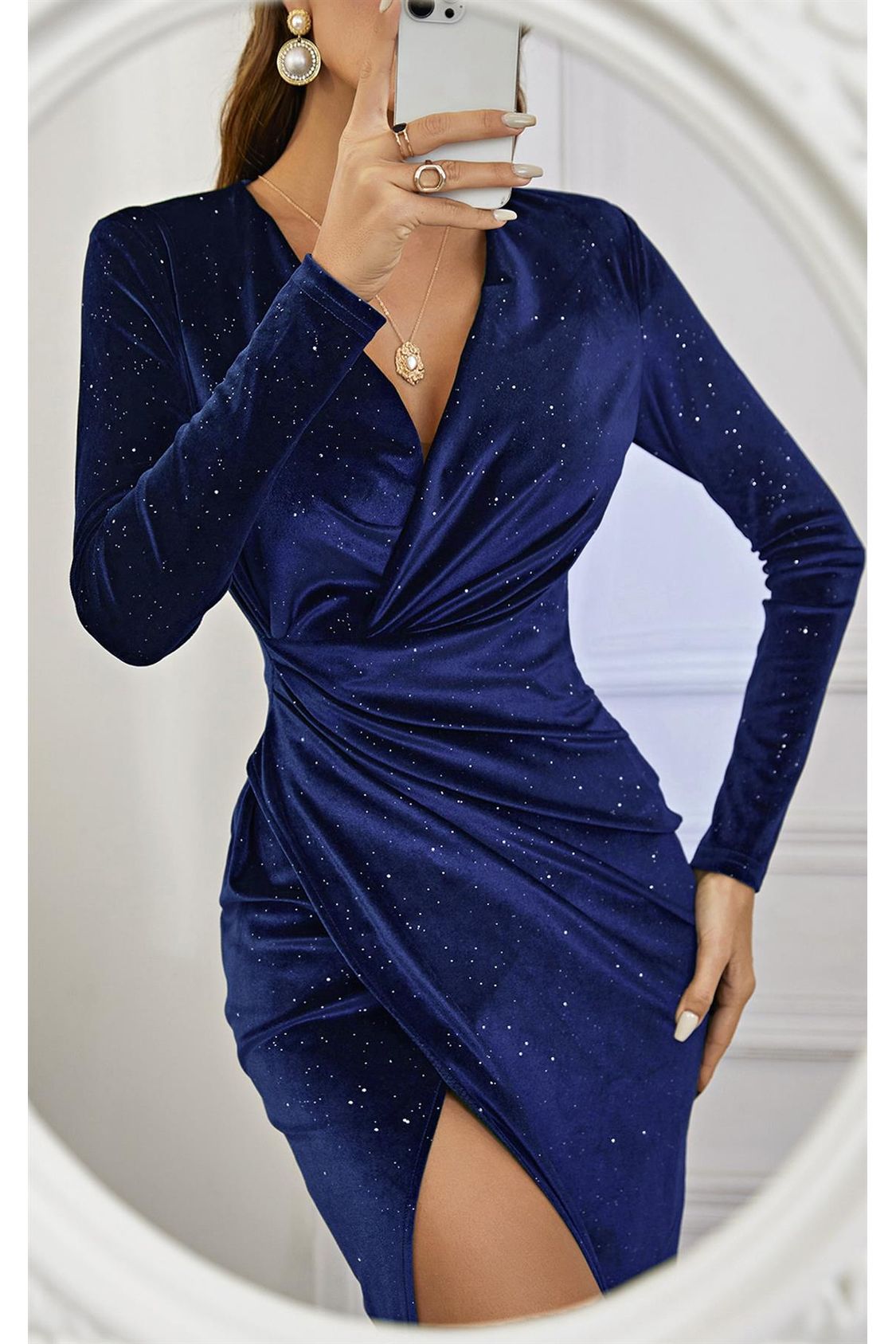 Star Night Sky Velvet Wrap Long Sleeve Midi Dress In Navy FS112