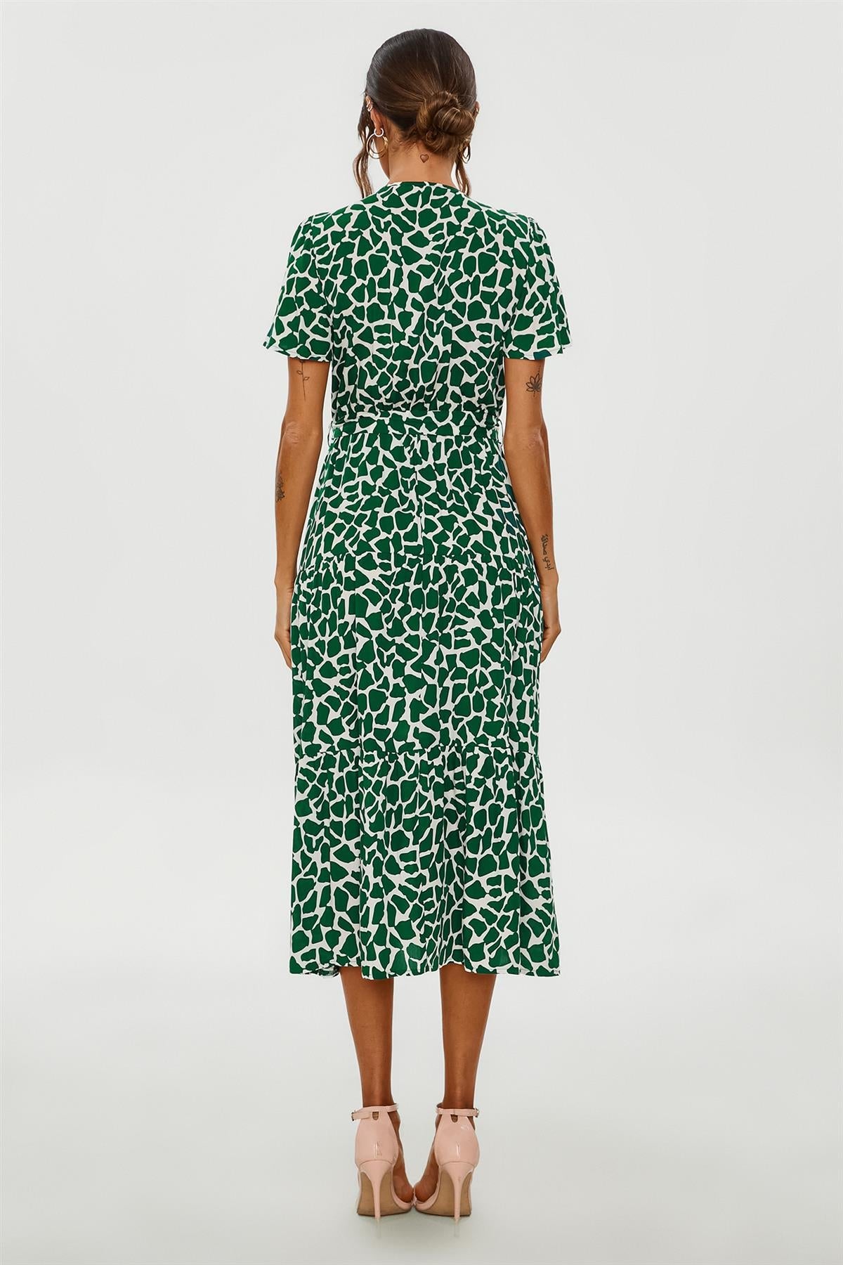 Geo Print Hem Tiered Wrap Midi Dress In Green FS231-GG