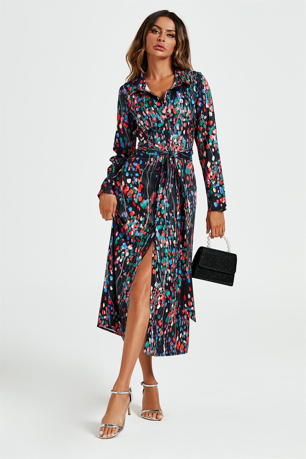 Abstract Floral Print Shirt Midi Wrap Dress In Black FS478-BF