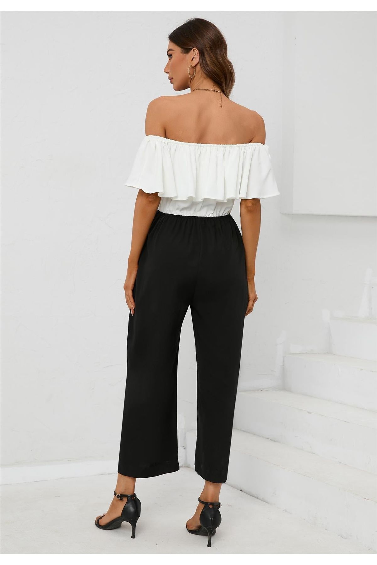 Black Contrast Off The Shoulder Ruffle Jumpsuit In White FS543