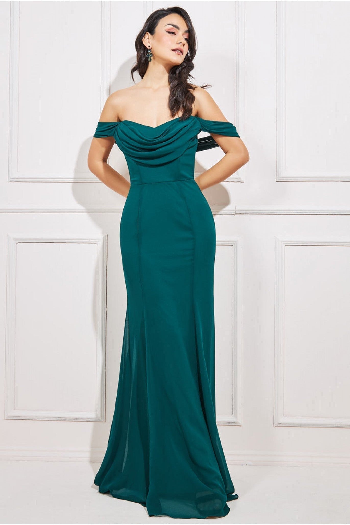 Chiffon Bardot Cowl Neck Maxi Dress - Emerald Green DR2781A