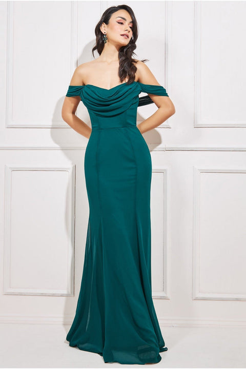 Chiffon Bardot Cowl Neck Maxi Dress - Emerald Green by Goddiva