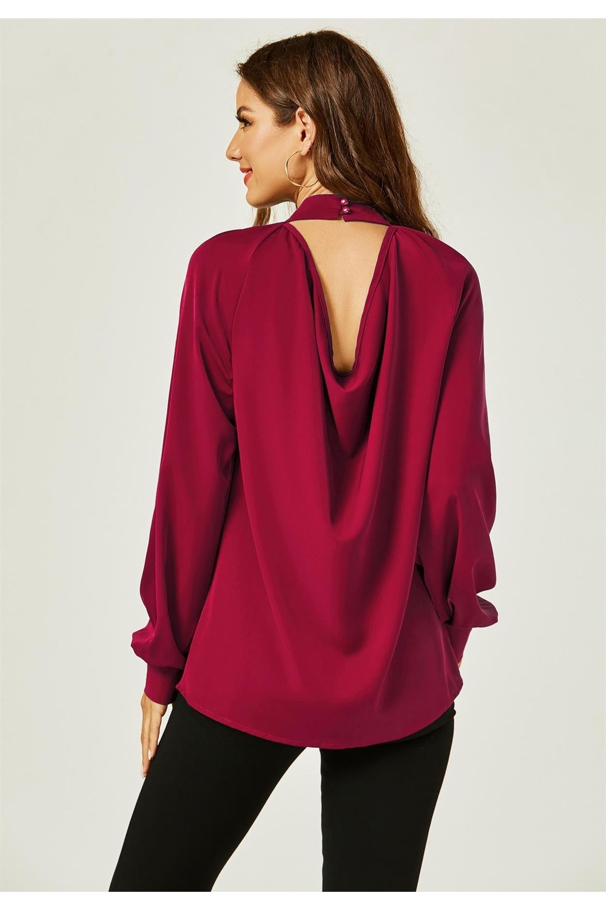 Halter Neck Long Sleeve Blouse Top In Wine Red FS487