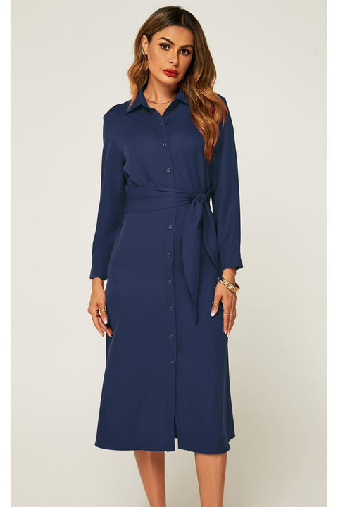 Navy Midi Shirt Dress With Tie Waist FS145-Navy