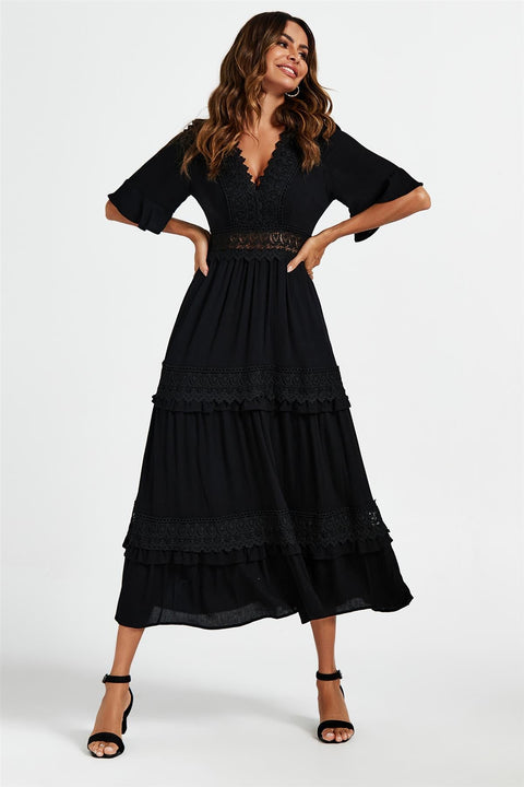 V Neck Lace Detail Midi Dress In Black FS598