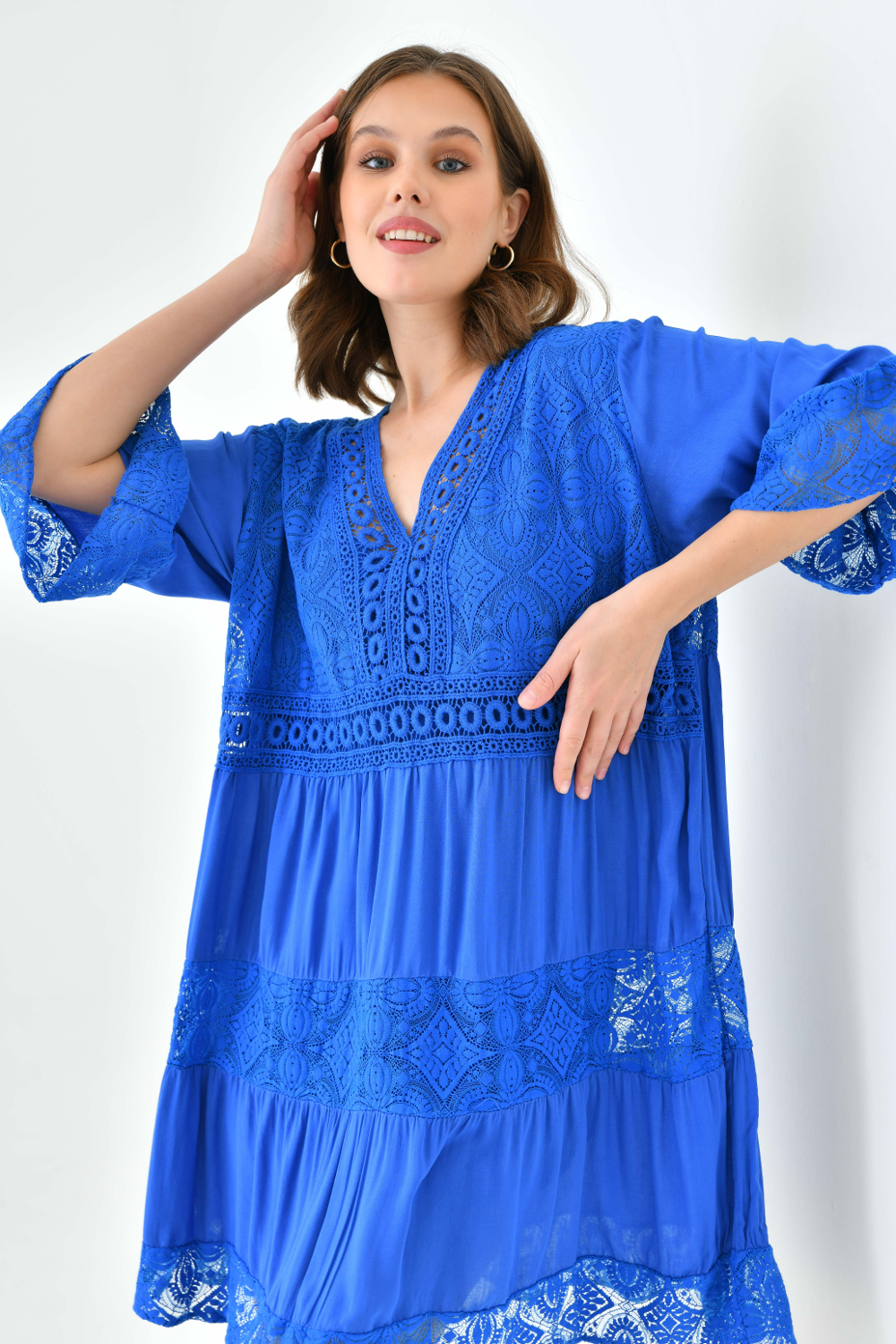 Oversized 3/4 Sleeves Lace Detailed V Neck Mini Dress In Royal Blue 0490DRESSROYALBLUE