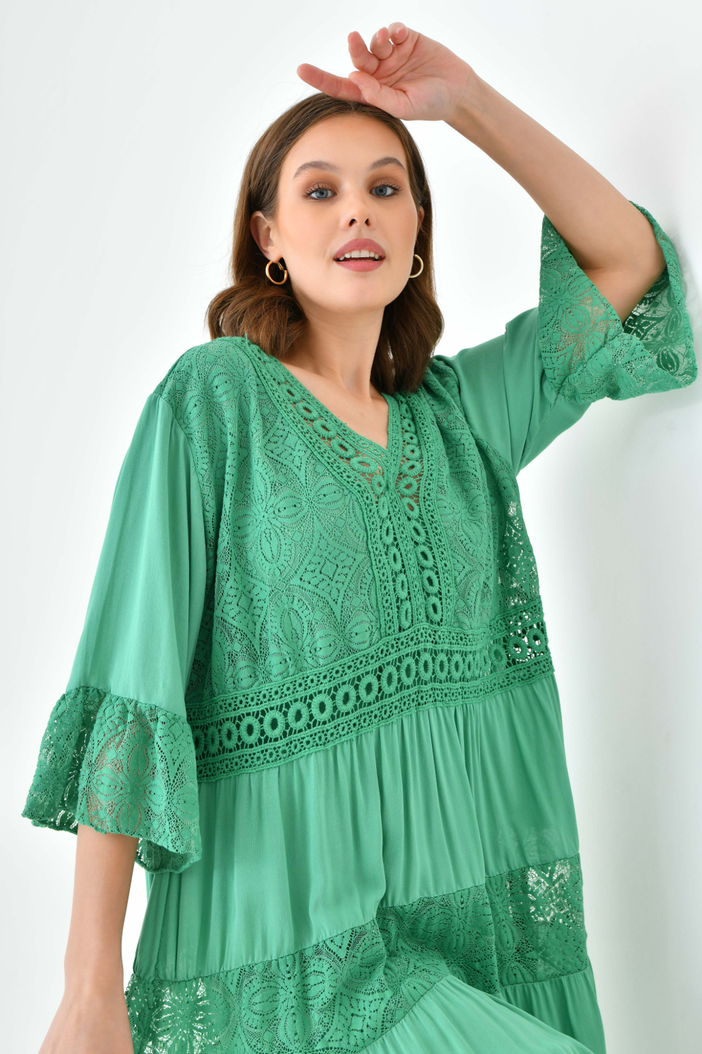 Oversized 3/4 Sleeves Lace Detailed V Neck Mini Dress In Green 0490DRESSGREEN