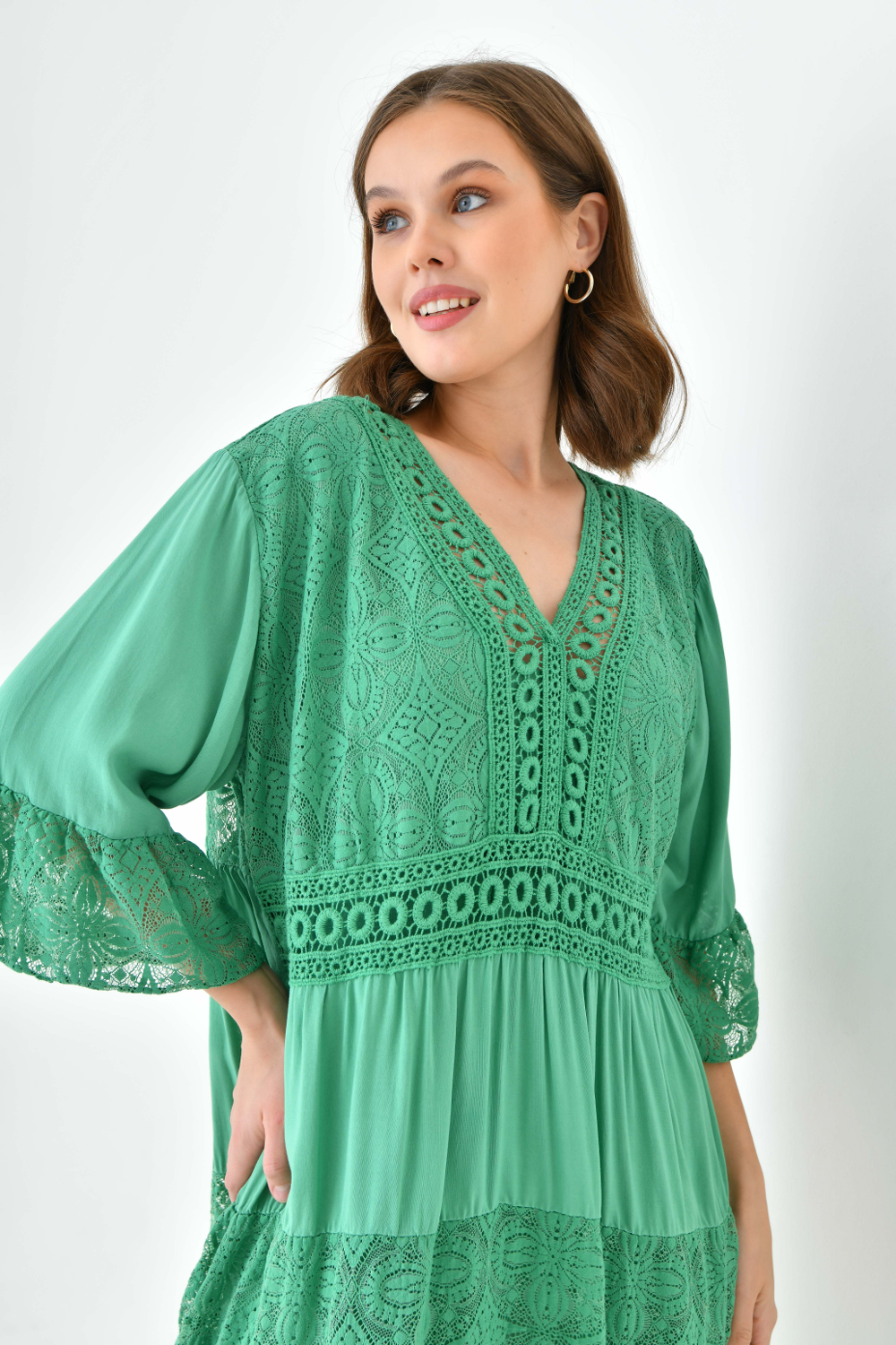 Oversized 3/4 Sleeves Lace Detailed V Neck Mini Dress In Green 0490DRESSGREEN