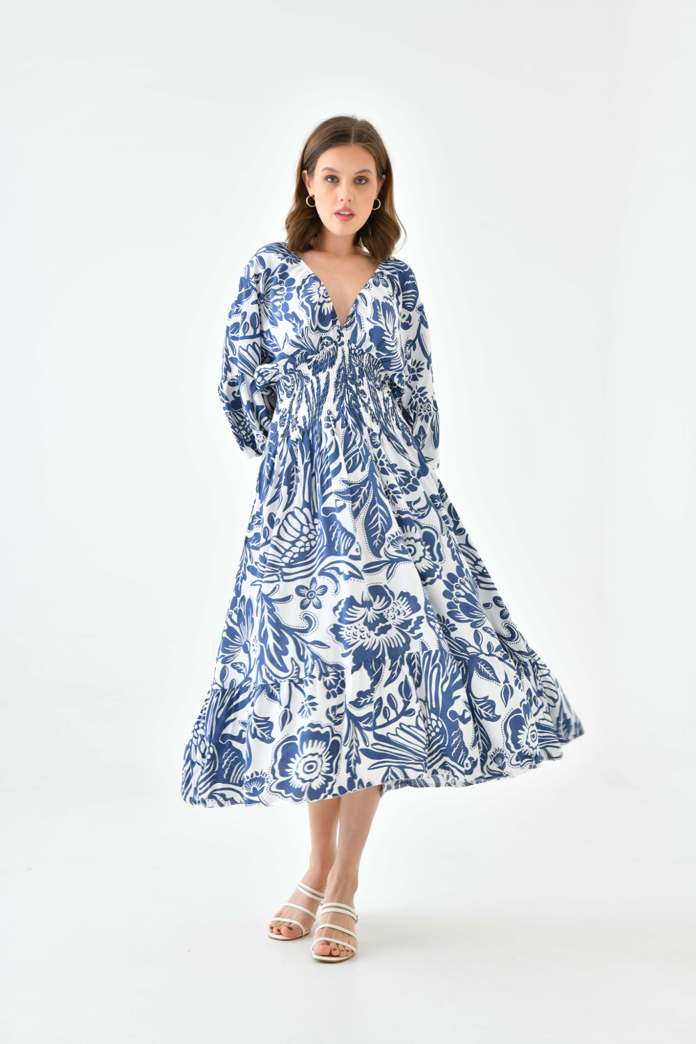 Oversized Flutter Sleeves Shirred Waist V Neck Midi Dress With Floral Print In Navy And White 0191MIDIDRESSNAVY