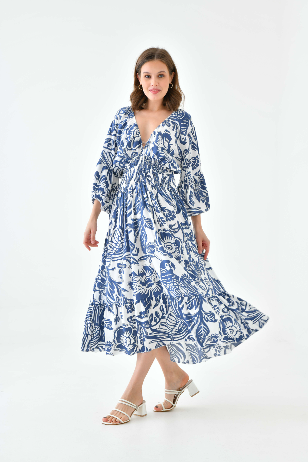 Oversized Flutter Sleeves Shirred Waist V Neck Midi Dress With Floral Print In Navy And White 0191MIDIDRESSNAVY