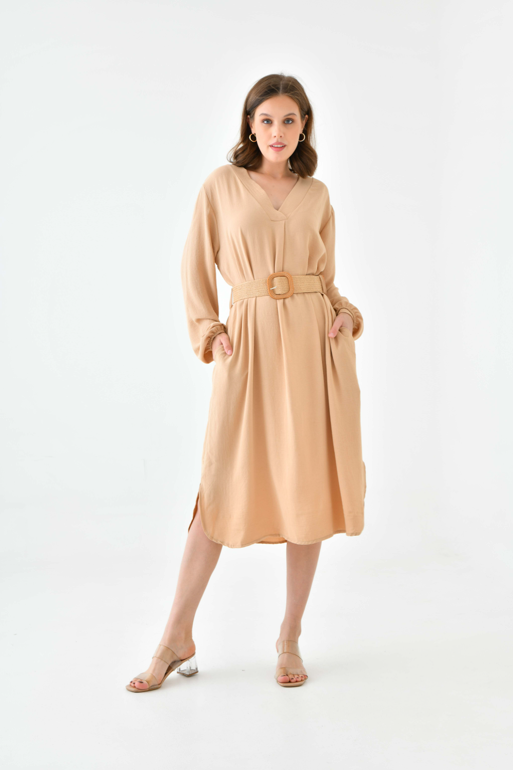 Oversized Long Sleeves V Neck Midi Dress With Matching Belt In Beige 0700DRESSBEIGE
