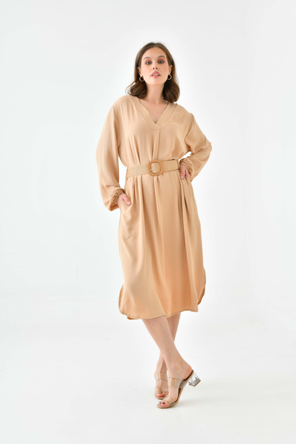 Oversized Long Sleeves V Neck Midi Dress With Matching Belt In Beige 0700DRESSBEIGE