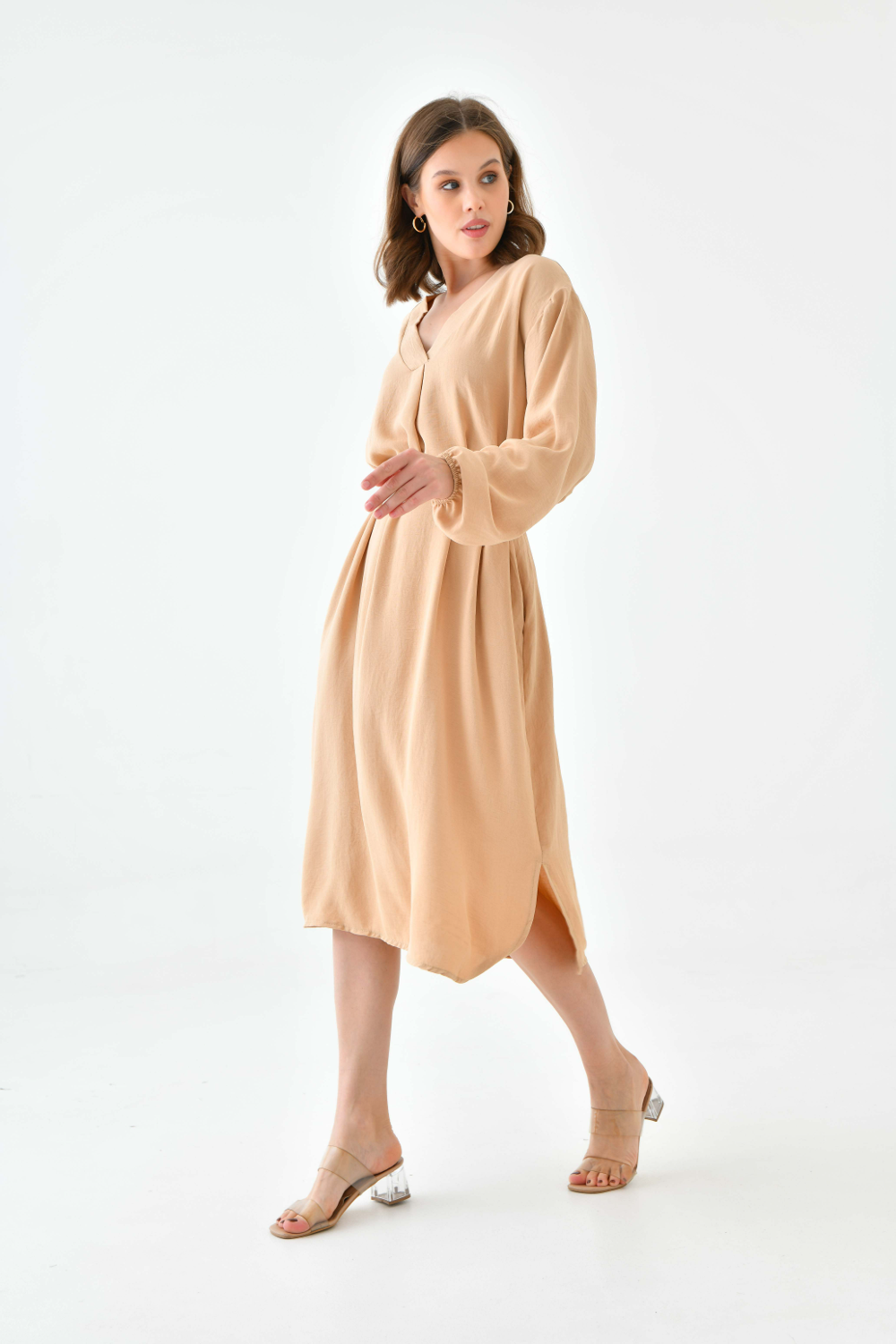 Oversized Long Sleeves V Neck Midi Dress With Matching Belt In Beige 0700DRESSBEIGE