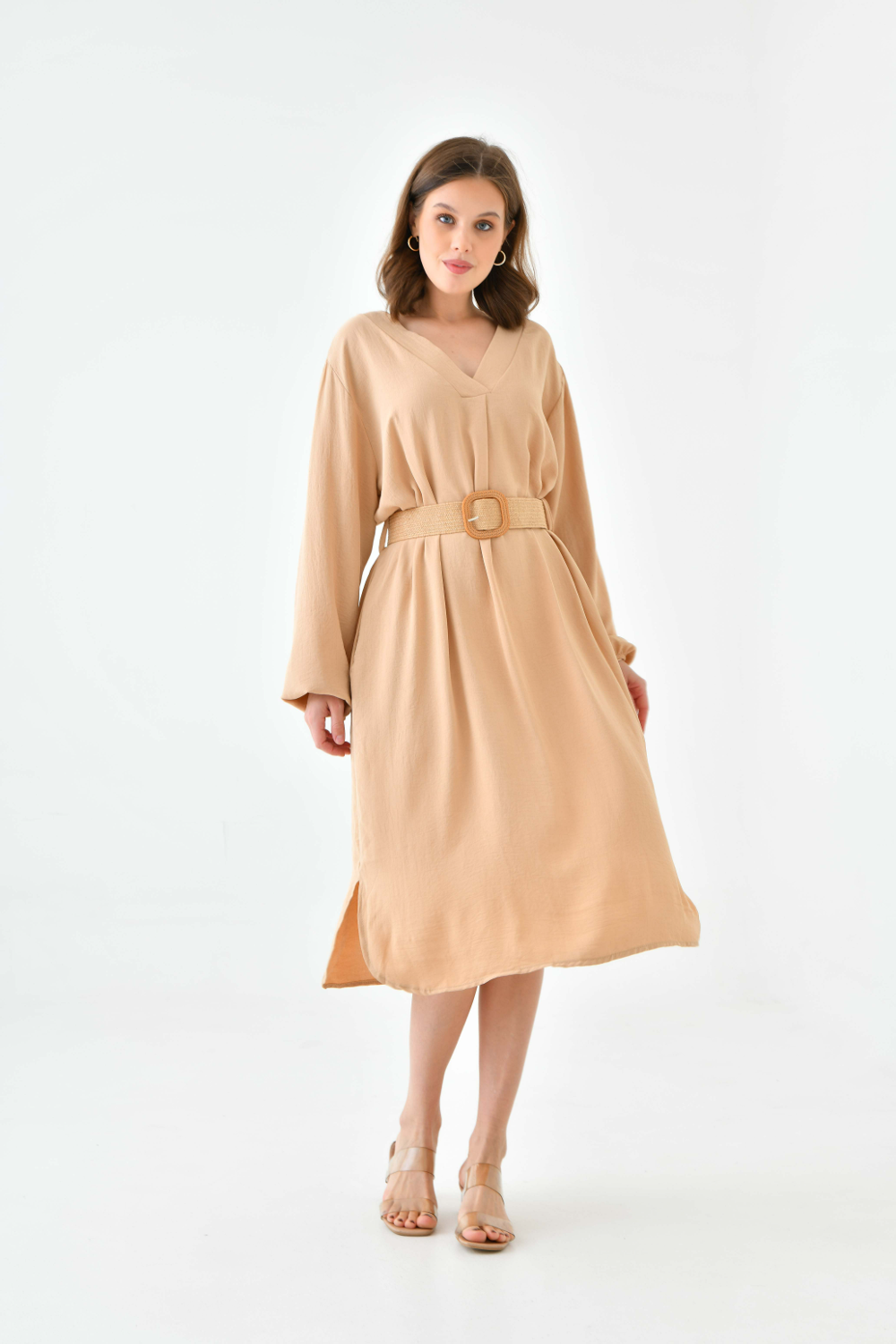 Oversized Long Sleeves V Neck Midi Dress With Matching Belt In Beige 0700DRESSBEIGE