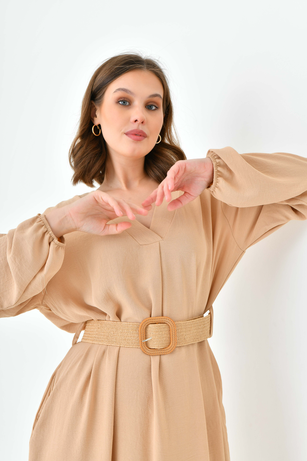 Oversized Long Sleeves V Neck Midi Dress With Matching Belt In Beige 0700DRESSBEIGE
