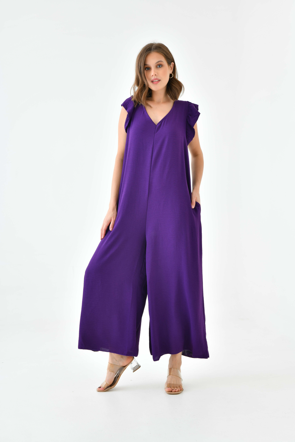 Oversized Back Detailed Ruffle Sleeve V Neck Jumpsuit With Wide Leg In Purple 0689JUMPSUITPURPLE