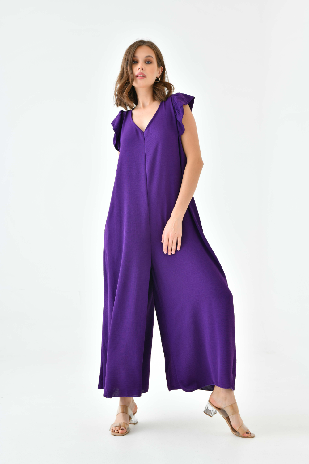 Oversized Back Detailed Ruffle Sleeve V Neck Jumpsuit With Wide Leg In Purple 0689JUMPSUITPURPLE